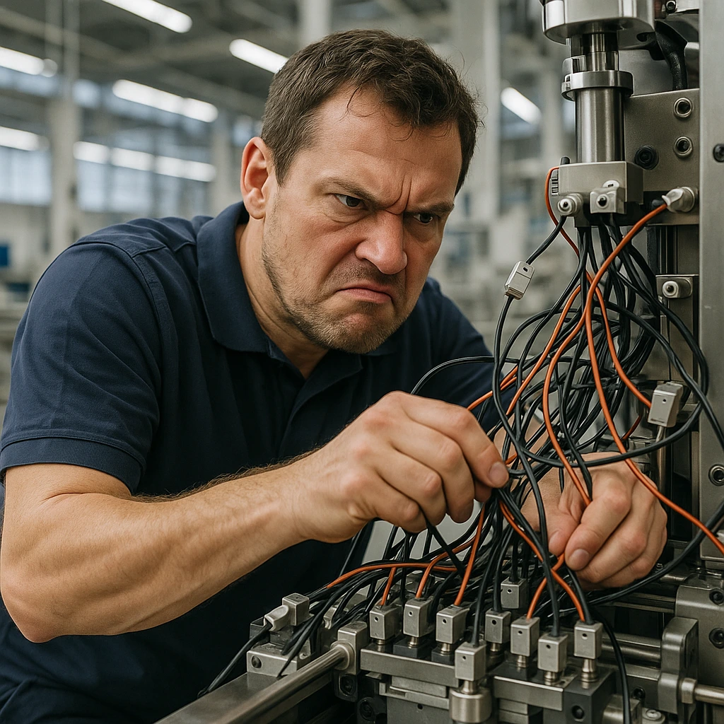 ärgerlicher Techniker in der Maschinenhalle, der an Kabeln hantiert